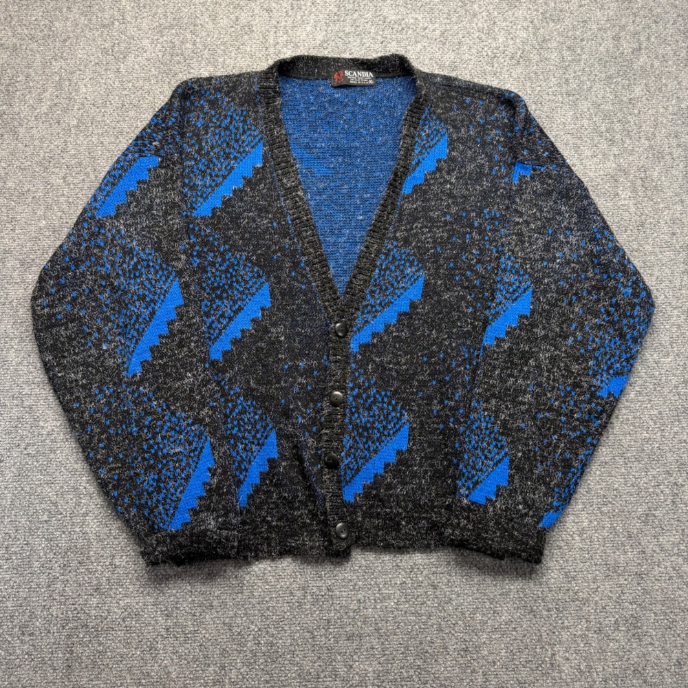 Vintage Scandia Cardigan Sweater Mens XL Black Blue Geometric Made in USA